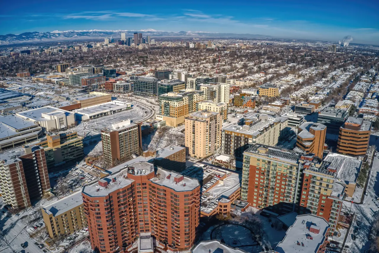 Aerial view of Cherry Creek residential and commercial buildings, Denver