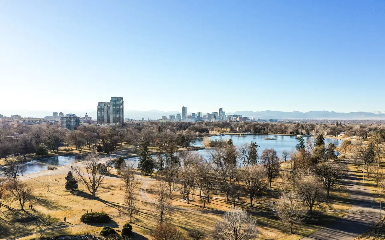 Denver skyline seen across City Park on a clear autumn morning
